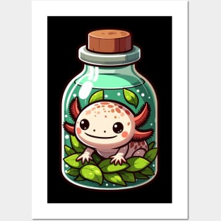 Kawaii Axolotl in Water Plant Bottle Posters and Art